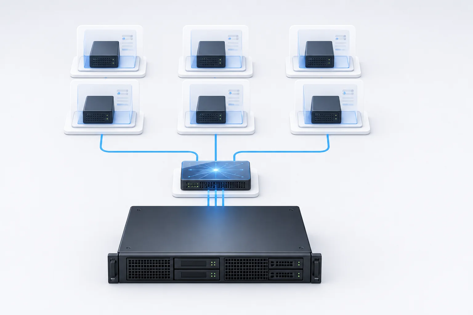 Editorial illustration of one physical server providing six isolated virtual servers through a network gateway.