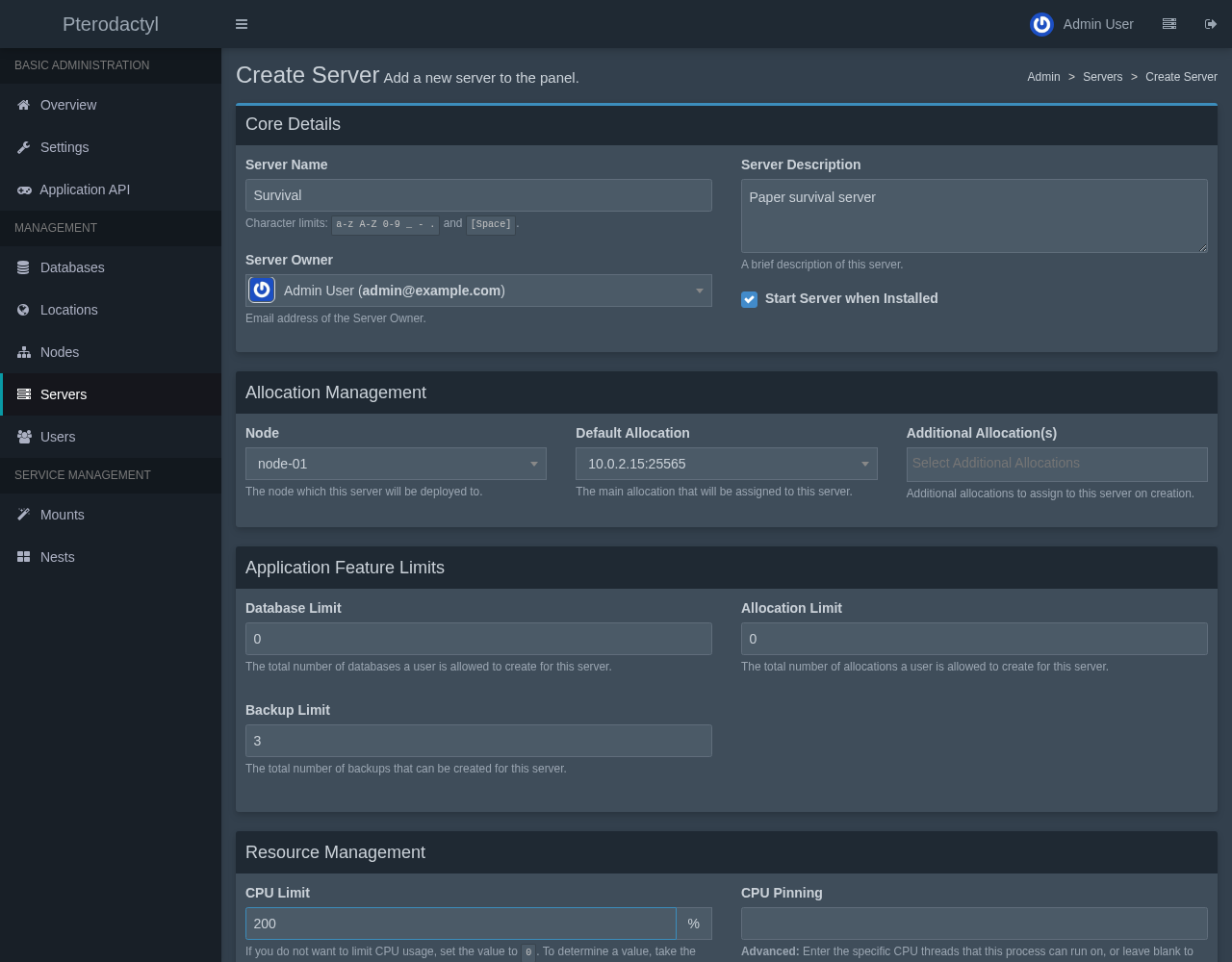 Create Server form in the Pterodactyl admin area with the name Survival, the owner admin, node-01, the default allocation 10.0.2.15:25565 and a backup limit of 3