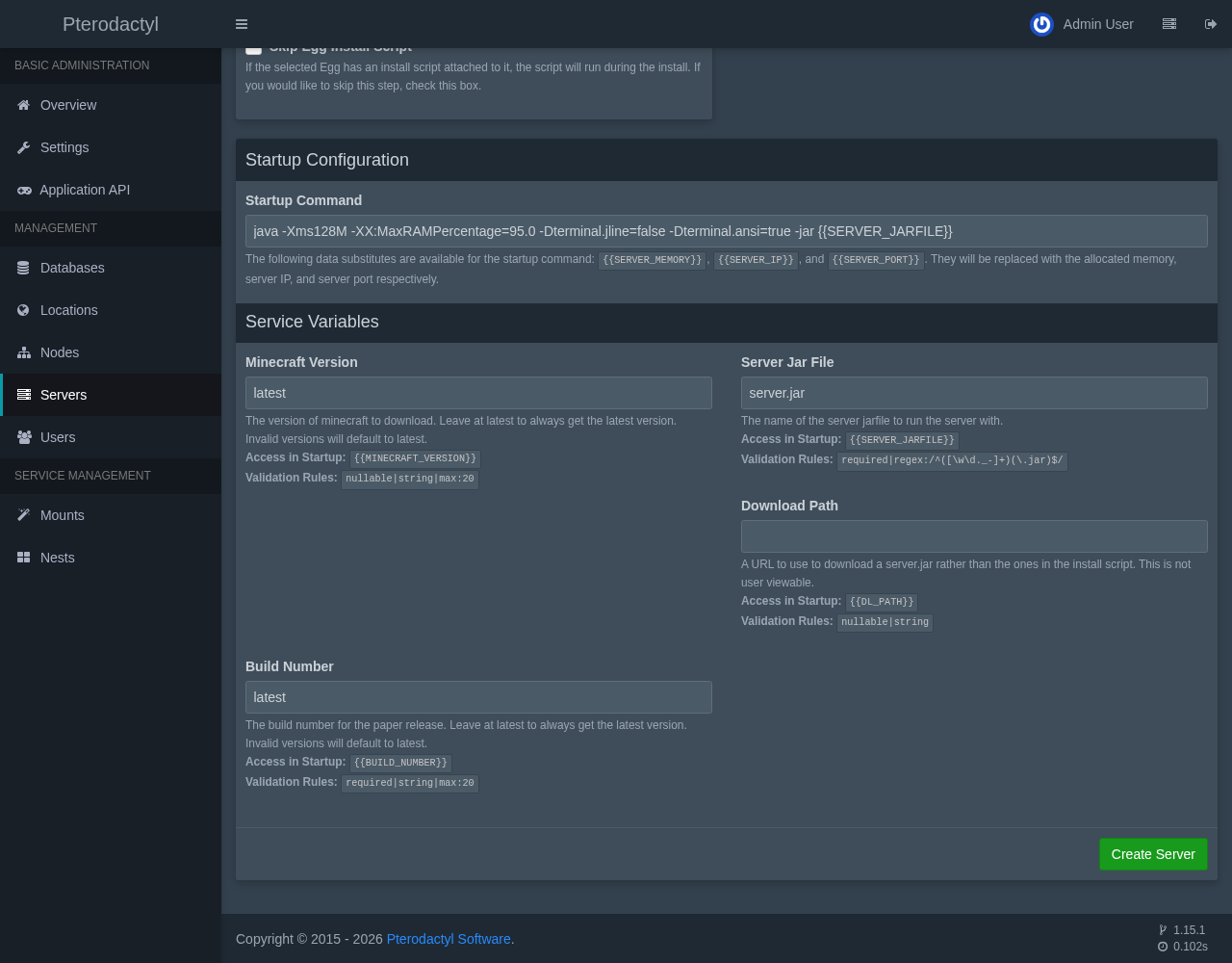 Bottom of the Create Server form showing the startup command java -Xms128M -XX:MaxRAMPercentage=95.0 -jar SERVER_JARFILE and the service variables Minecraft Version latest, Server Jar File server.jar, Download Path and Build Number latest