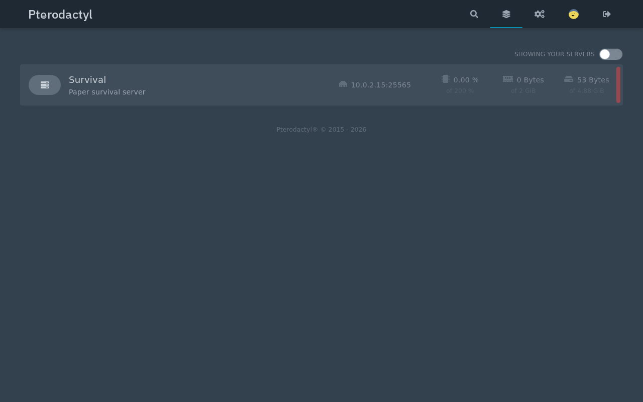 Pterodactyl dashboard listing the Survival server with the address 10.0.2.15:25565, CPU, memory and disk usage