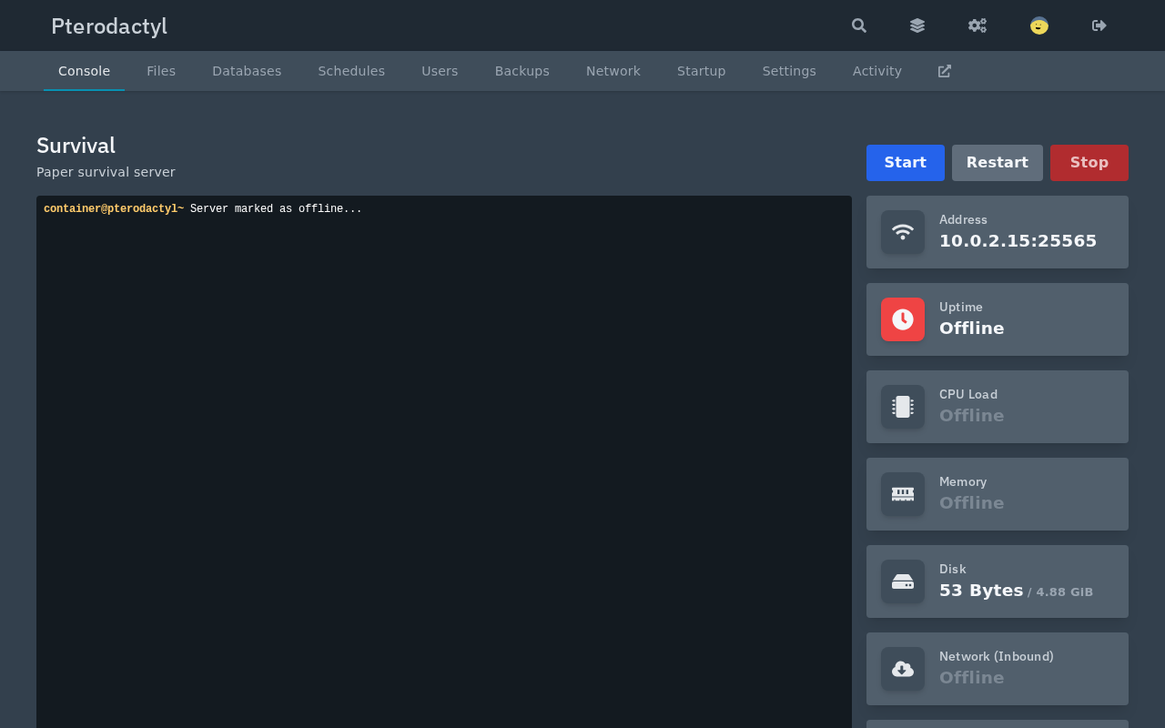 Console page of the Survival server with Start, Restart and Stop buttons, the address 10.0.2.15:25565 and all statistics reading Offline