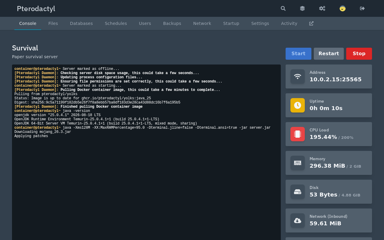 Console of the Survival server during startup showing Pulling Docker container image, java -version output for OpenJDK 25.0.4.1 and Paper 26.3-169 loading