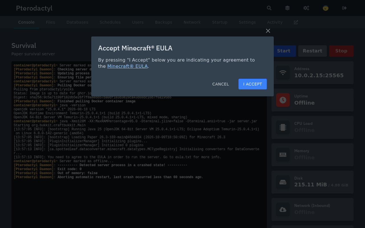 Accept Minecraft EULA dialog over the console, with the Cancel and I Accept buttons, while the console behind it reads You need to agree to the EULA in order to run the server