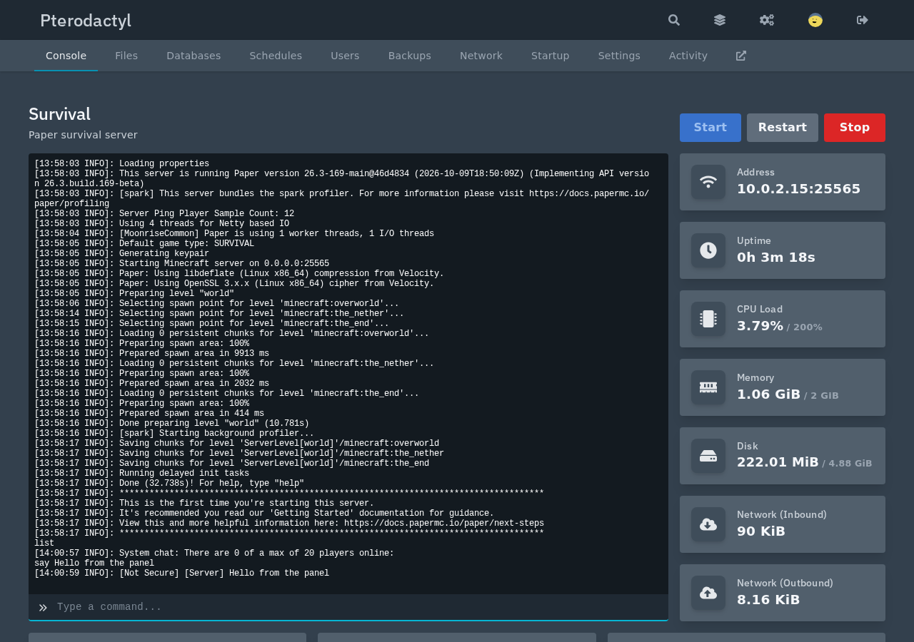 Console of the Survival server where the commands list and say Hello from the panel were entered, answered by There are 0 of a max of 20 players online and a Not Secure Server chat line