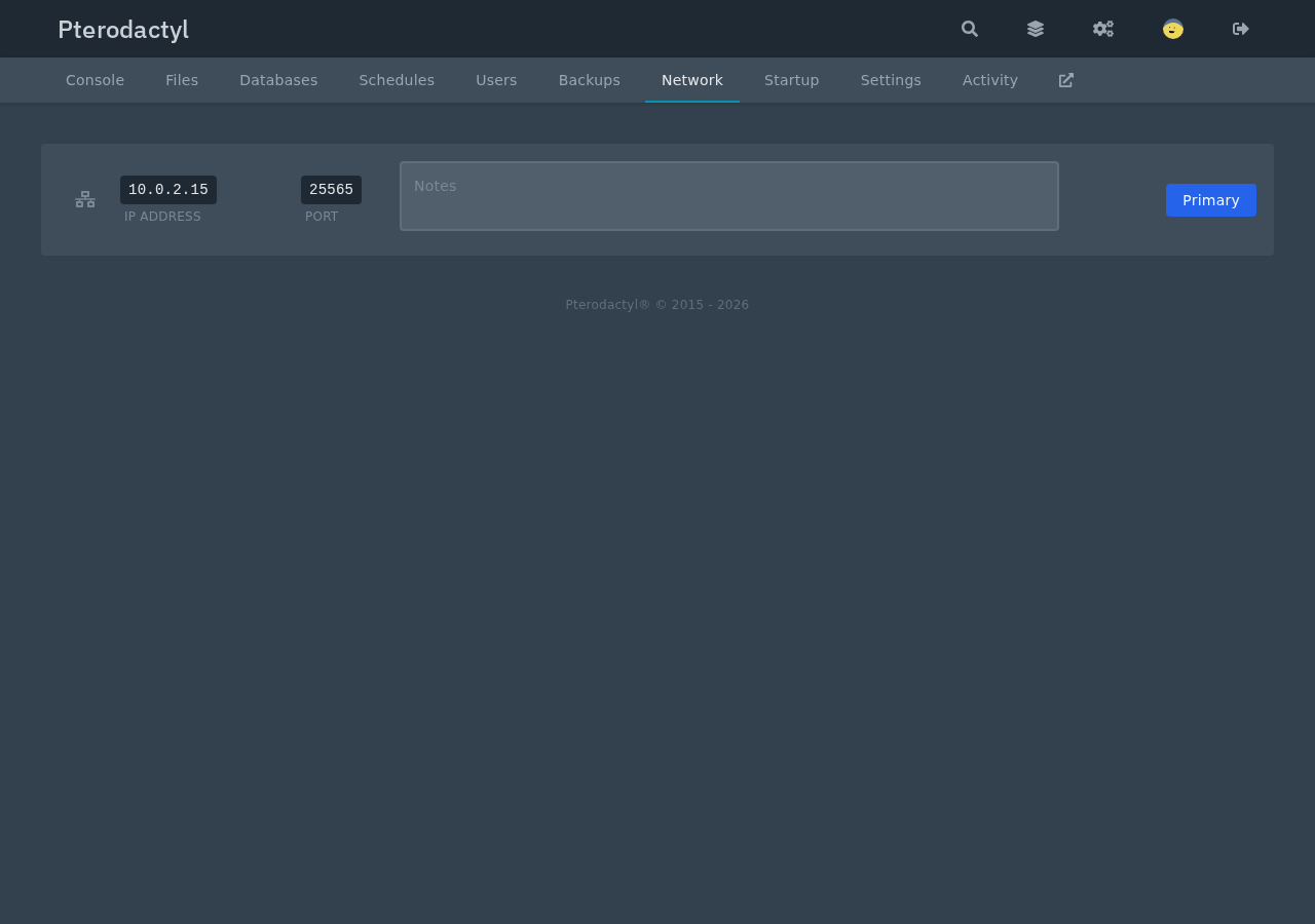 Network tab of the Survival server showing the primary allocation 10.0.2.15 port 25565 with a notes field