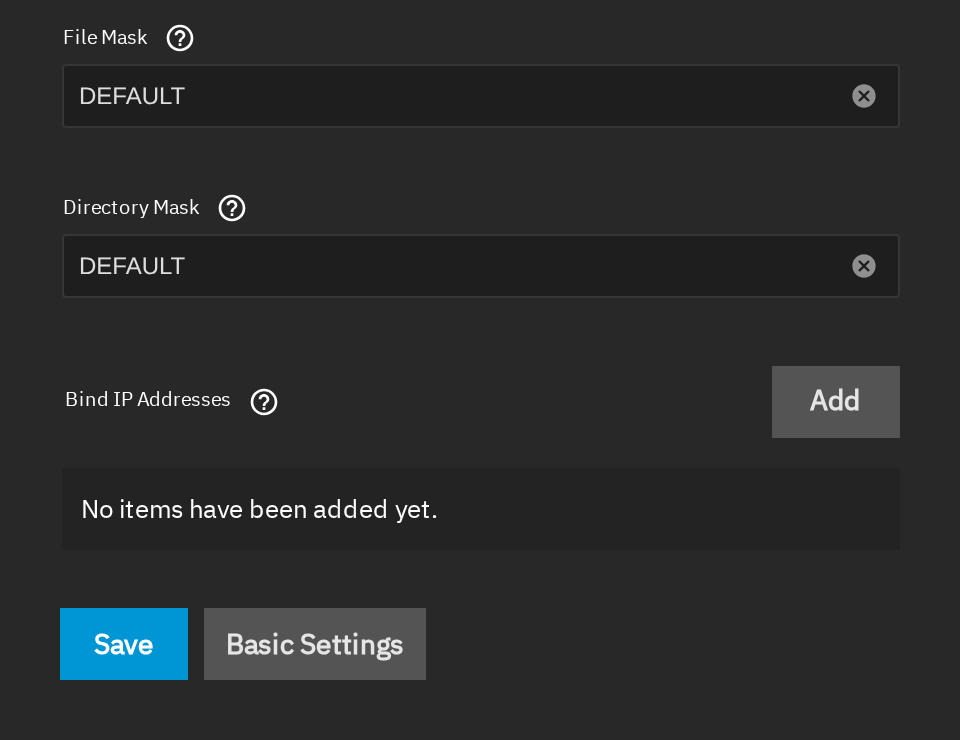 Bottom of the SMB service panel with File Mask and Directory Mask set to DEFAULT and an empty Bind IP Addresses list with an Add button