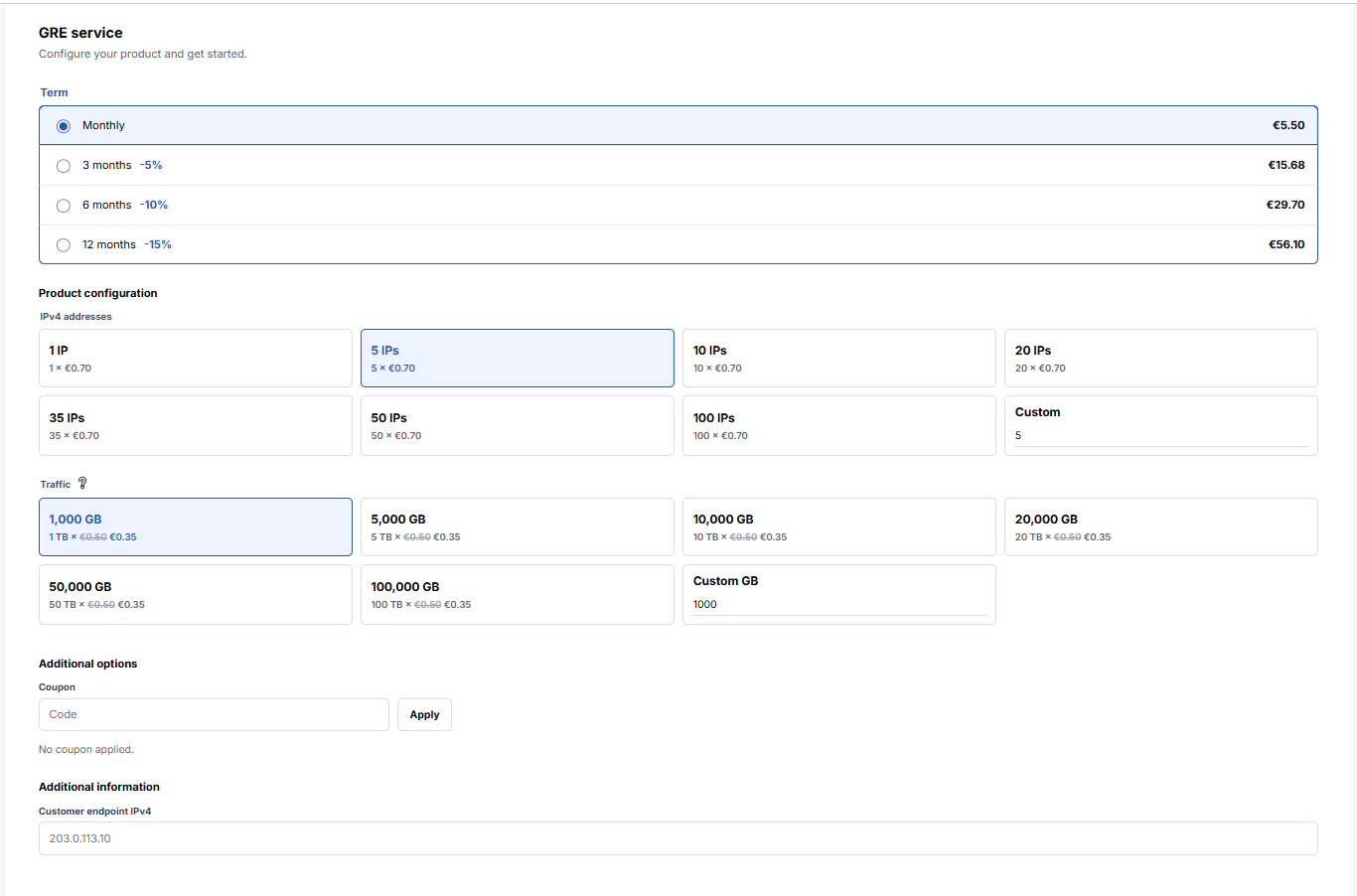 Taipan panel GRE service configuration screen: a monthly Term selector with discounts at 3, 6, and 12 months, a Product configuration section with IPv4 address tiles from 1 to 100 and 5 IPs selected, Traffic tiles from 1,000 GB to 100,000 GB with 1,000 GB selected at a discounted 0.35 per GB, a Coupon field, and a Customer endpoint IPv4 field