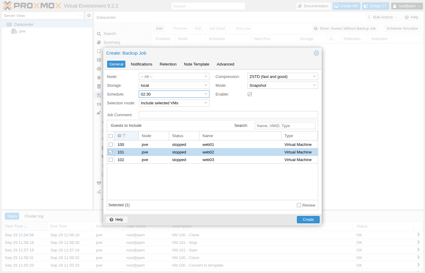 Proxmox-Dialogfeld „Backup-Auftrag erstellen“, Registerkarte „Allgemein“, Knoten – Alle –, lokaler Speicher, Feld „Zeitplan“ mit der Angabe 02:30, Auswahlmodus „Ausgewählte VMs einschließen“, Komprimierung „ZSTD“, Modus „Snapshot“ und die Gasttabelle, in der „VM 101 web02“ markiert ist, Ausgewählt (1)