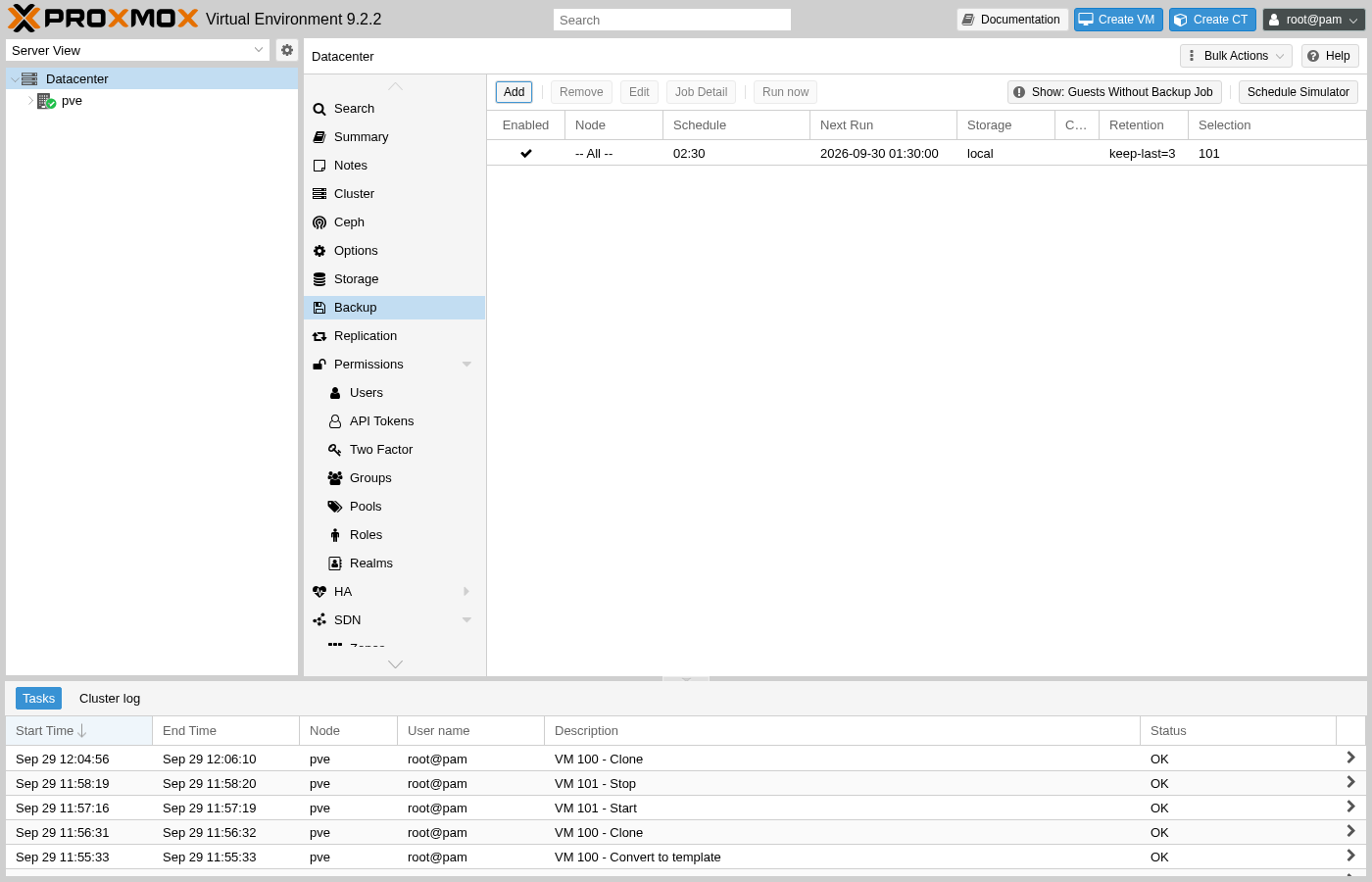 Proxmox Datacenter-Backup-Auftragsliste, eine Zeile: „Aktiviert“ markiert, Knoten -- Alle --, Zeitplan 02:30, Nächster Durchlauf 30.09.2026 01:30:00, Speicher lokal, Aufbewahrungsdauer keep-last=3, Auswahl 101