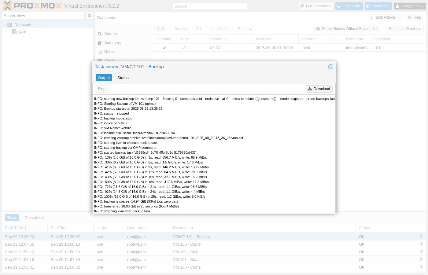 Proxmox Task Viewer für VM/CT 101 – Sicherung, echtes vzdump-Protokoll: Start eines neuen Sicherungsauftrags, Start der Sicherung von VM 101, Status „gestoppt“, Sicherungsmodus „stopp“, VM-Name web02, Festplatte scsi0 local-lvm vm-101-disk-0 16G einbeziehen, Erstellen des vzdump-Archivpfads, Starten von KVM zur Ausführung der Sicherungsaufgabe, Starten der Sicherung über QMP-Befehl, Fortschrittsanzeige von 10 Prozent bis 100 Prozent mit Lese- und Schreibgeschwindigkeiten, Backup ist spärlich: 14,94 GiB, 93 Prozent insgesamt Null-Daten, 16,00 GiB in 25 Sekunden übertragen, 655,4 MiB pro Sekunde, KVM nach Backup-Aufgabe gestoppt