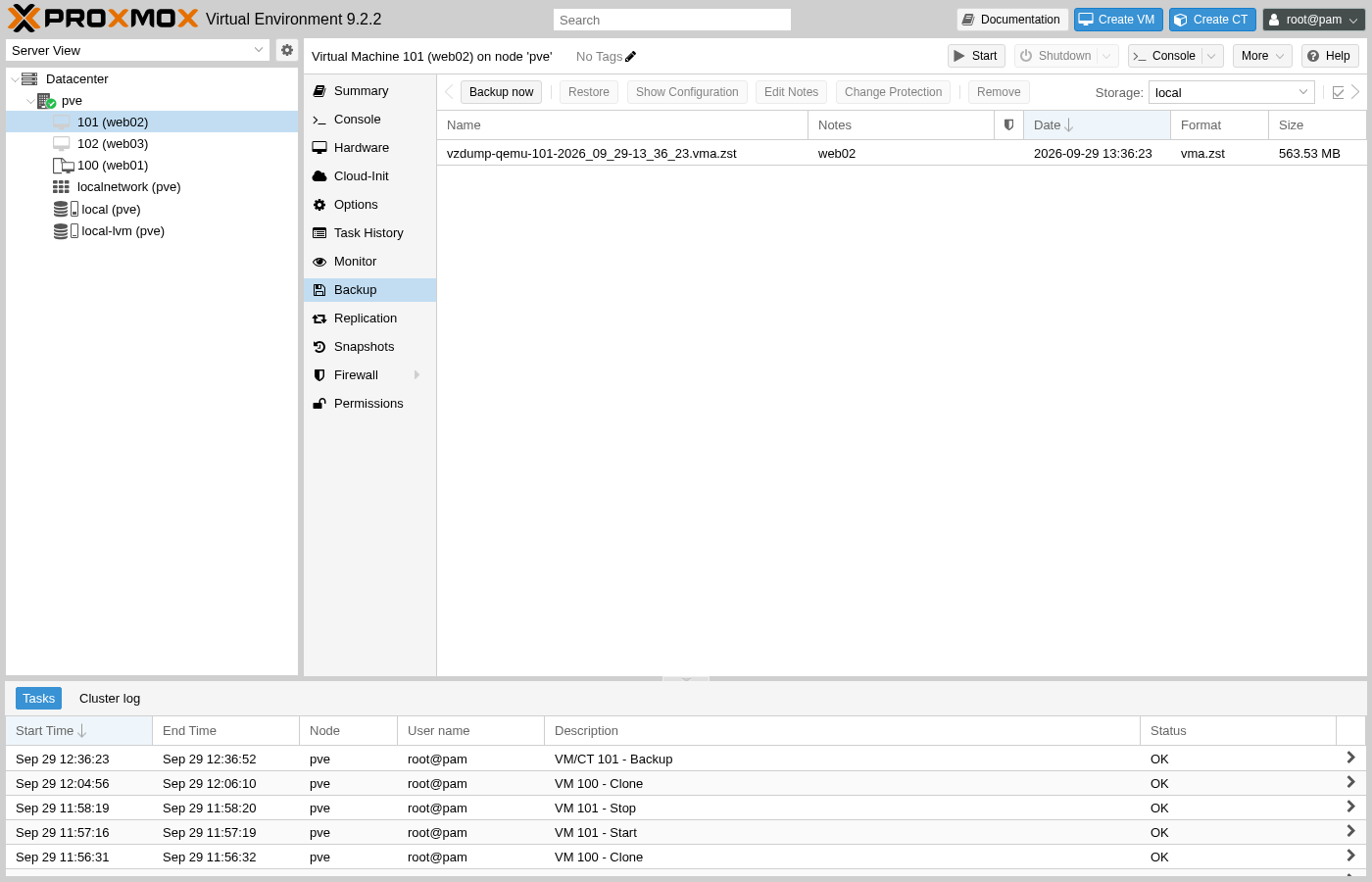 Virtuelle Maschine 101 web02, Registerkarte „Sicherung“, ein Archiv aufgeführt: vzdump-qemu-101-2026_09_29-13_36_23.vma.zst, Notizen web02, Datum 29.09.2026 13:36:23, Format vma.zst, Größe 563,53 MB, Symbolleisten-Schaltflächen „Jetzt sichern“, „Wiederherstellen“, „Konfiguration anzeigen“, „Notizen bearbeiten“, „Schutz ändern“, „Entfernen“