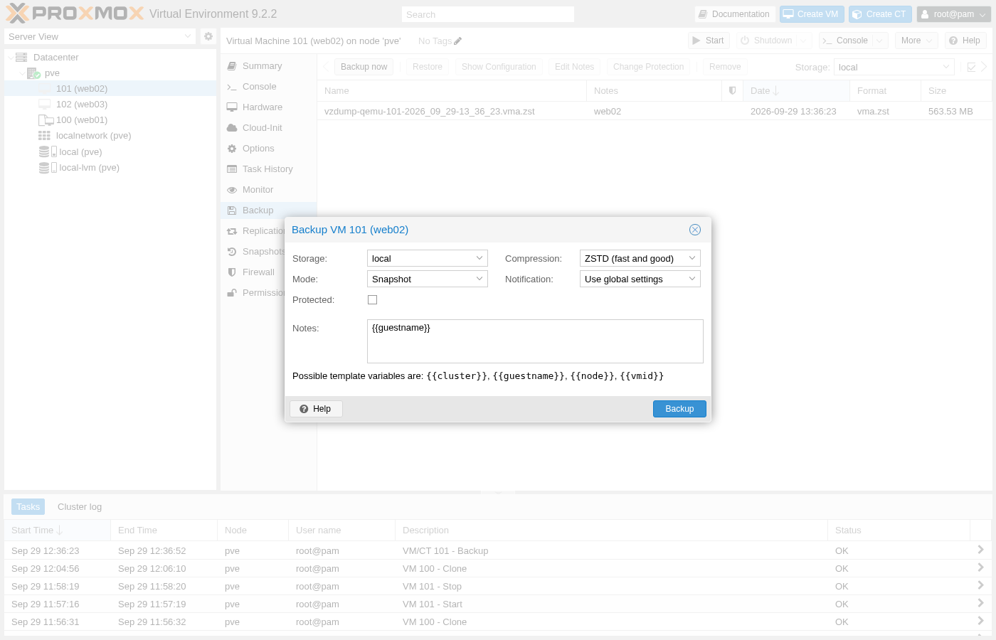 Dialogfeld „Proxmox Backup VM 101 (web02)“, Speicher: lokal, Komprimierung: ZSTD, Modus: Snapshot, Benachrichtigung: Globale Einstellungen verwenden, „Geschützt“ deaktiviert, Feld „Notizen“ enthält die Vorlagenvariable „guestname“ mit einem Hinweis, der mögliche Vorlagenvariablen auflistet: „cluster“, „guestname“, „node“, „vmid“
