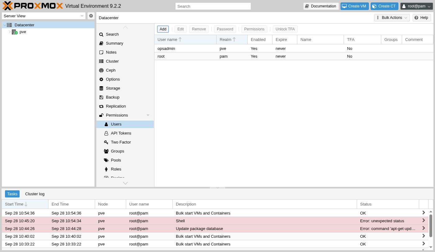 Users list showing opsadmin at realm pve and root at realm pam, both enabled with no expiry