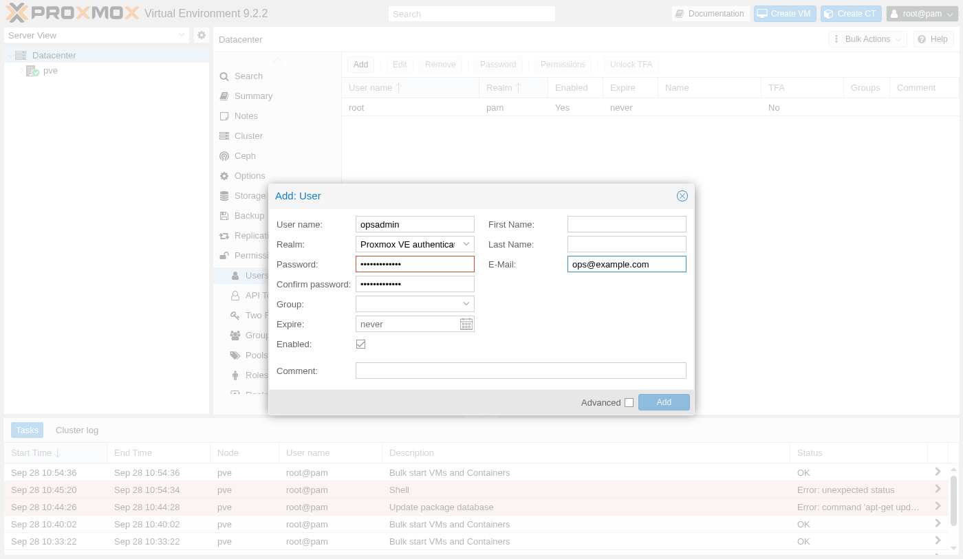 Add User dialog with username opsadmin, realm set to Proxmox VE authentication server, password fields, and an email address filled in