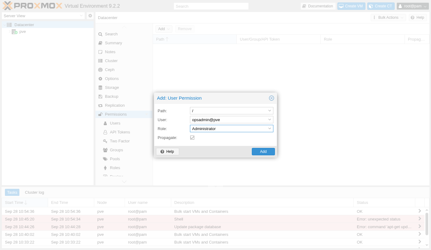 Add User Permission dialog with Path set to a forward slash, User set to opsadmin@pve, Role set to Administrator, and Propagate checked