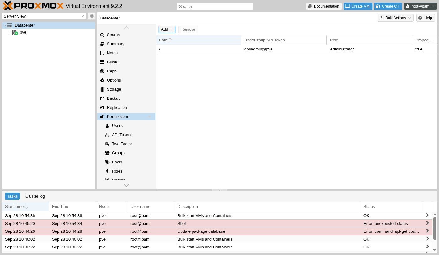 Permissions list showing path slash, user opsadmin@pve, role Administrator, propagate true