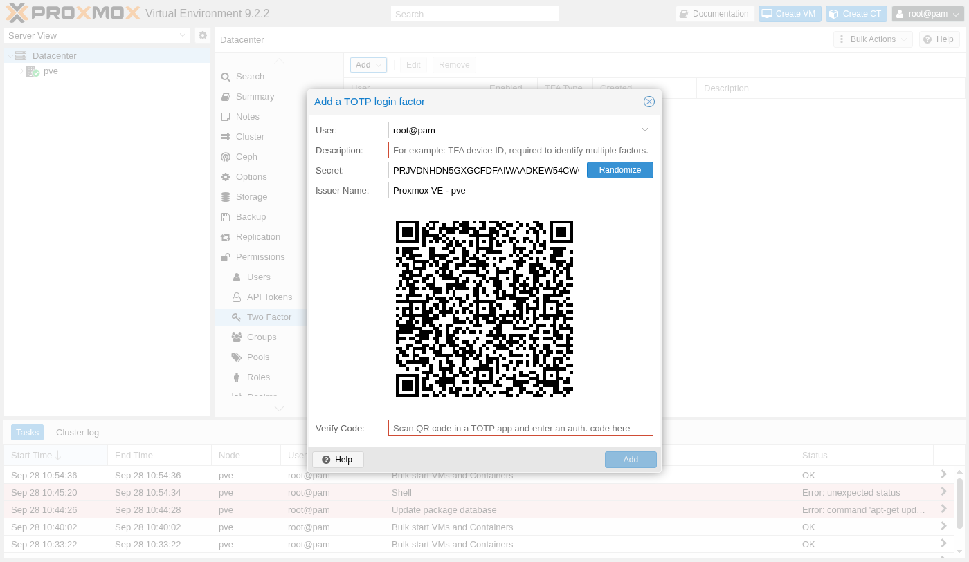 Add a TOTP login factor dialog for opsadmin, showing a randomly generated secret, issuer name, and a QR code ready to scan