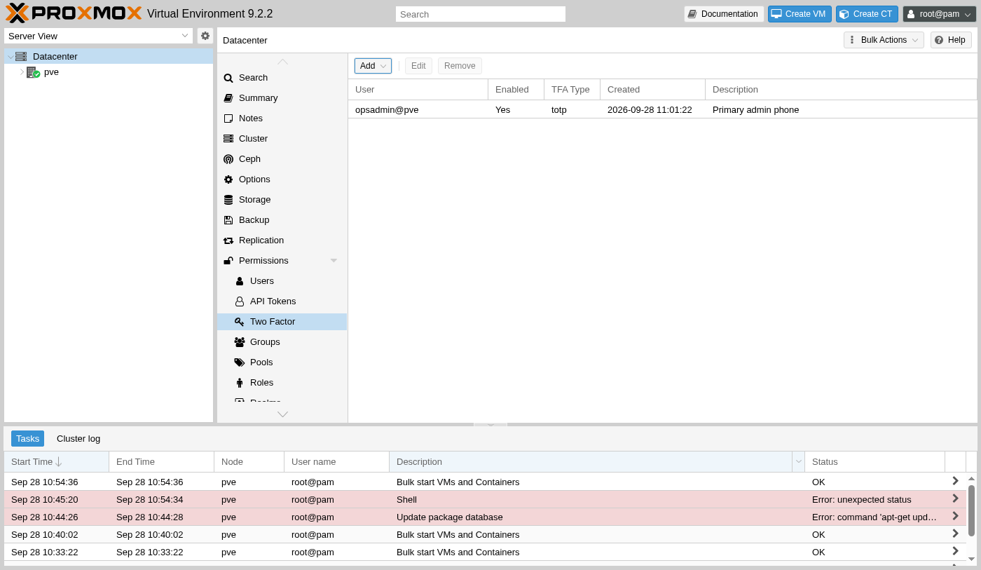 Two Factor list showing opsadmin@pve enabled with TFA type totp and a creation timestamp