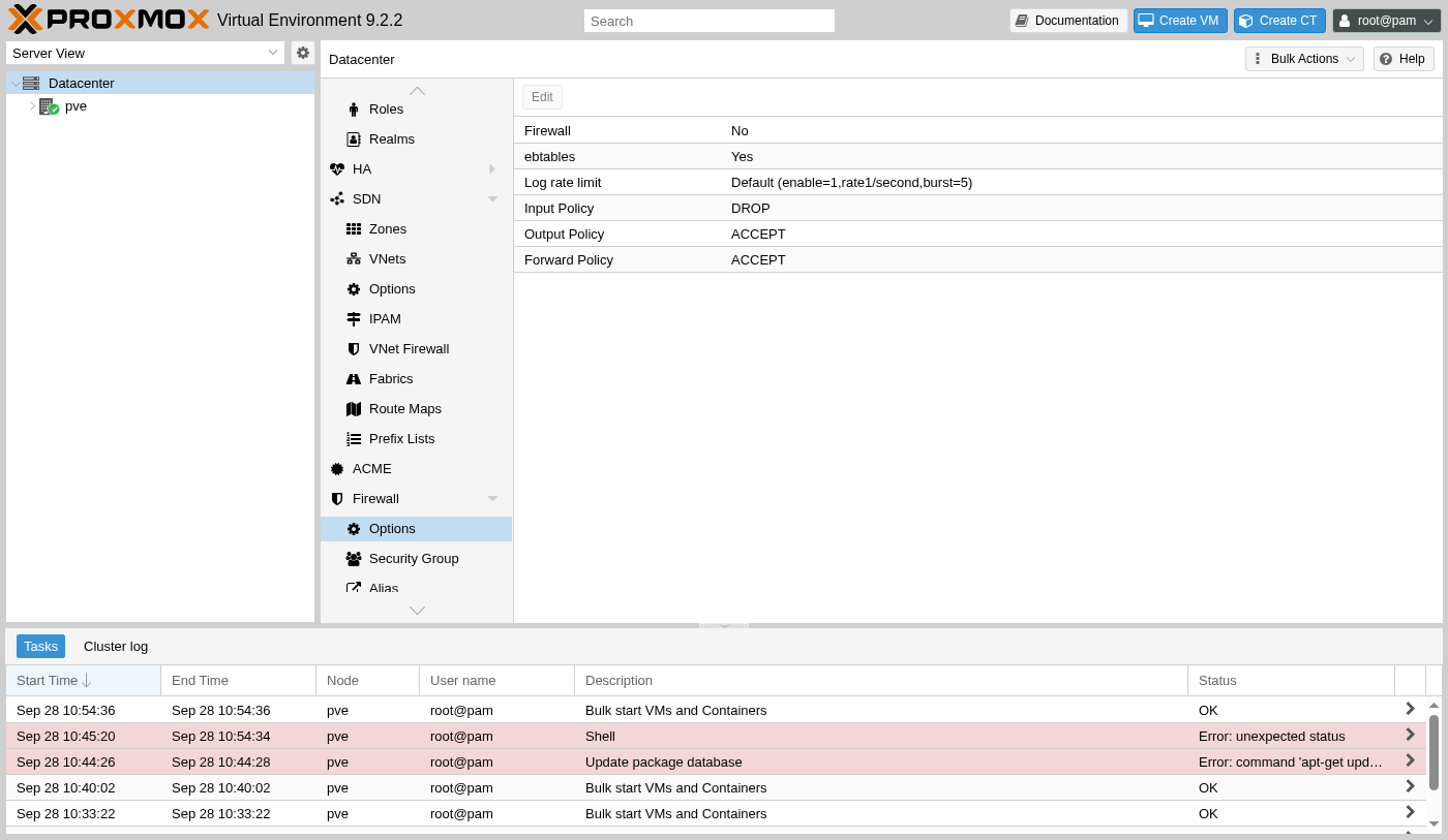 Firewall Options screen showing Firewall set to No, Input Policy DROP, Output Policy ACCEPT, Forward Policy ACCEPT