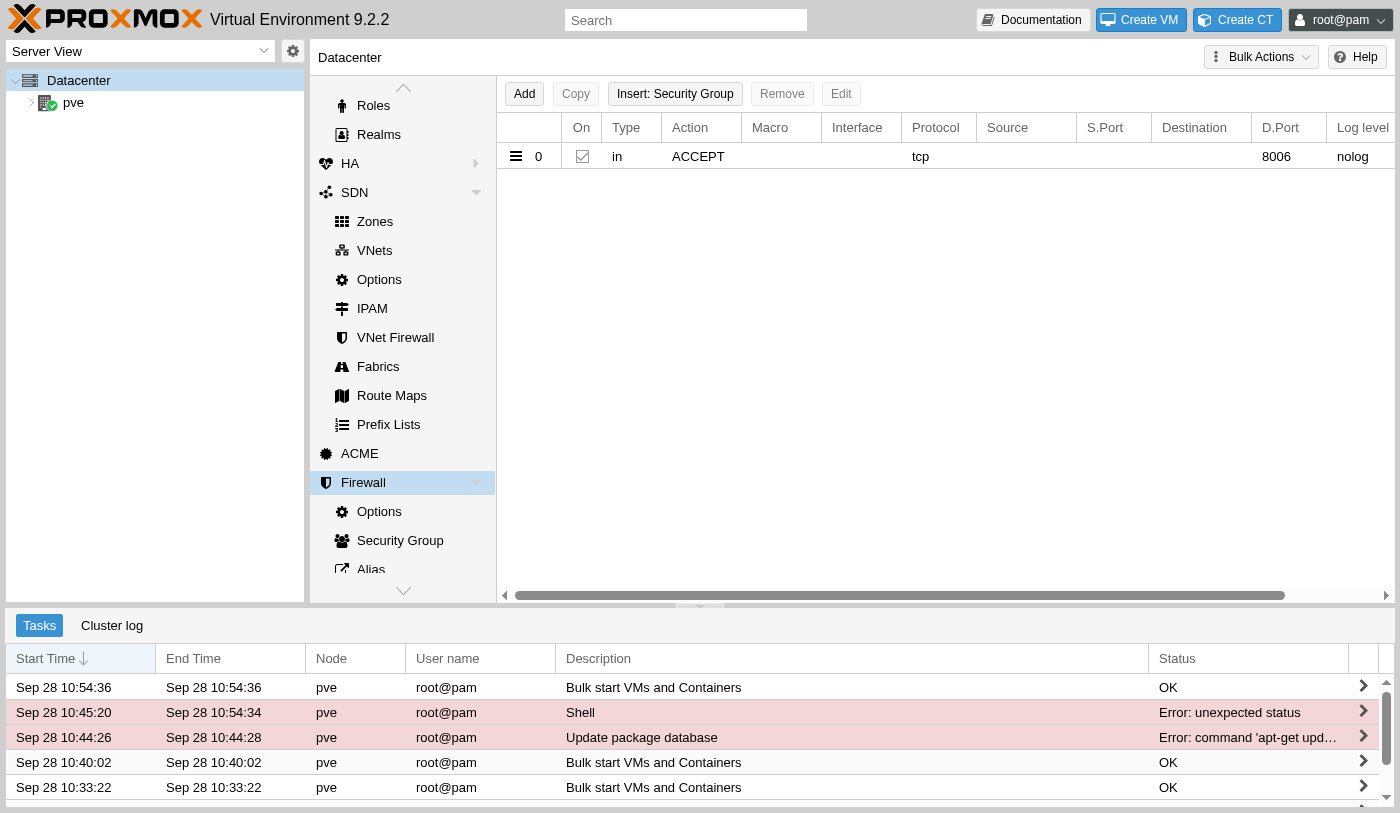 Firewall rule list with one enabled rule: direction in, action ACCEPT, protocol tcp, destination port 8006, log level nolog