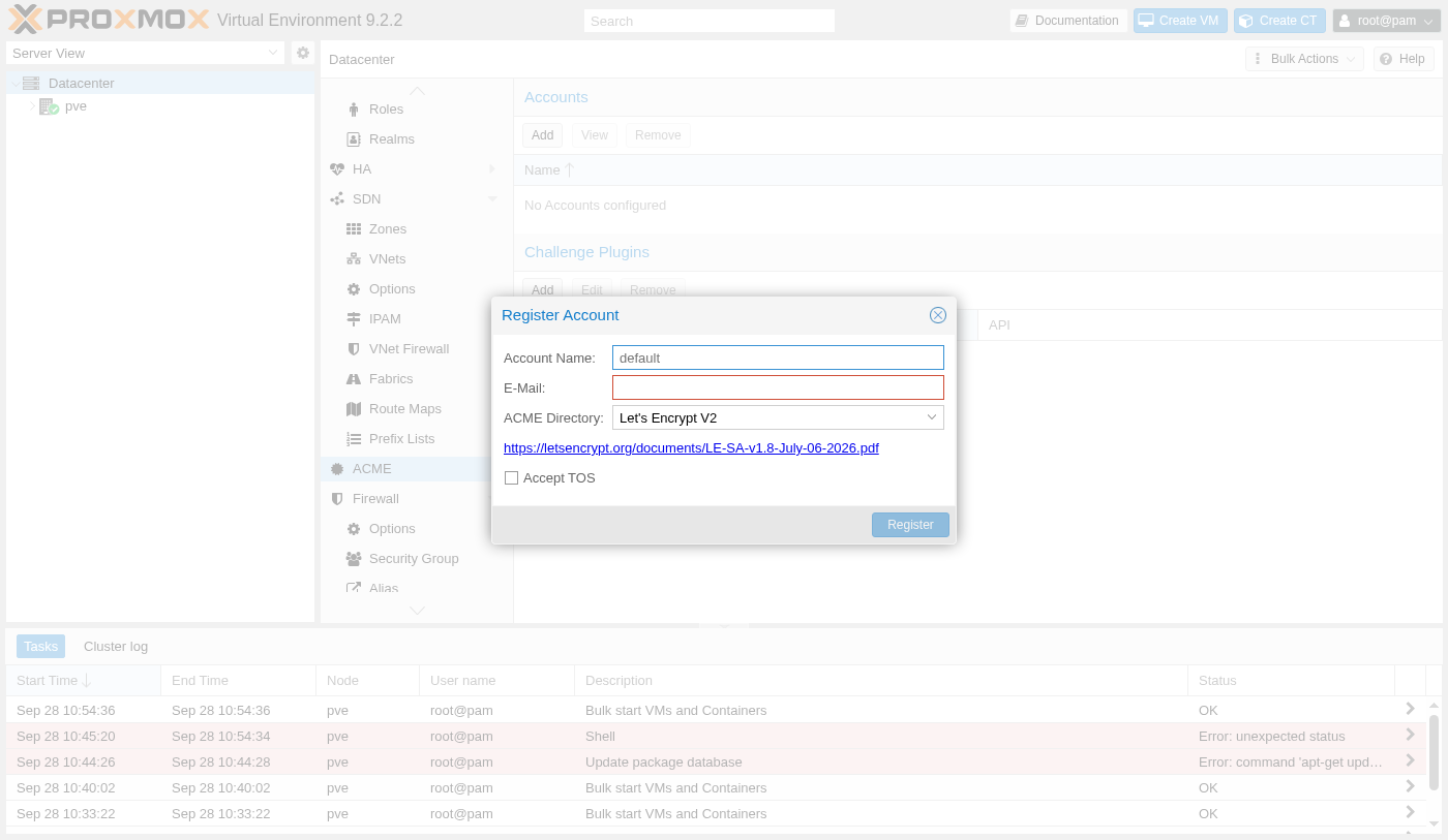 Register Account dialog for ACME with Account Name, E-Mail, ACME Directory set to Let's Encrypt V2, a link to the current terms of service, and an Accept TOS checkbox