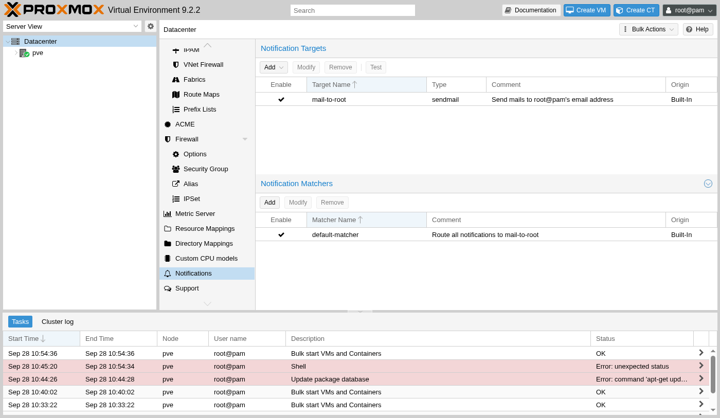 Notification Targets list showing mail-to-root, type sendmail, marked Built-In, with a Notification Matchers list showing default-matcher routing everything to it