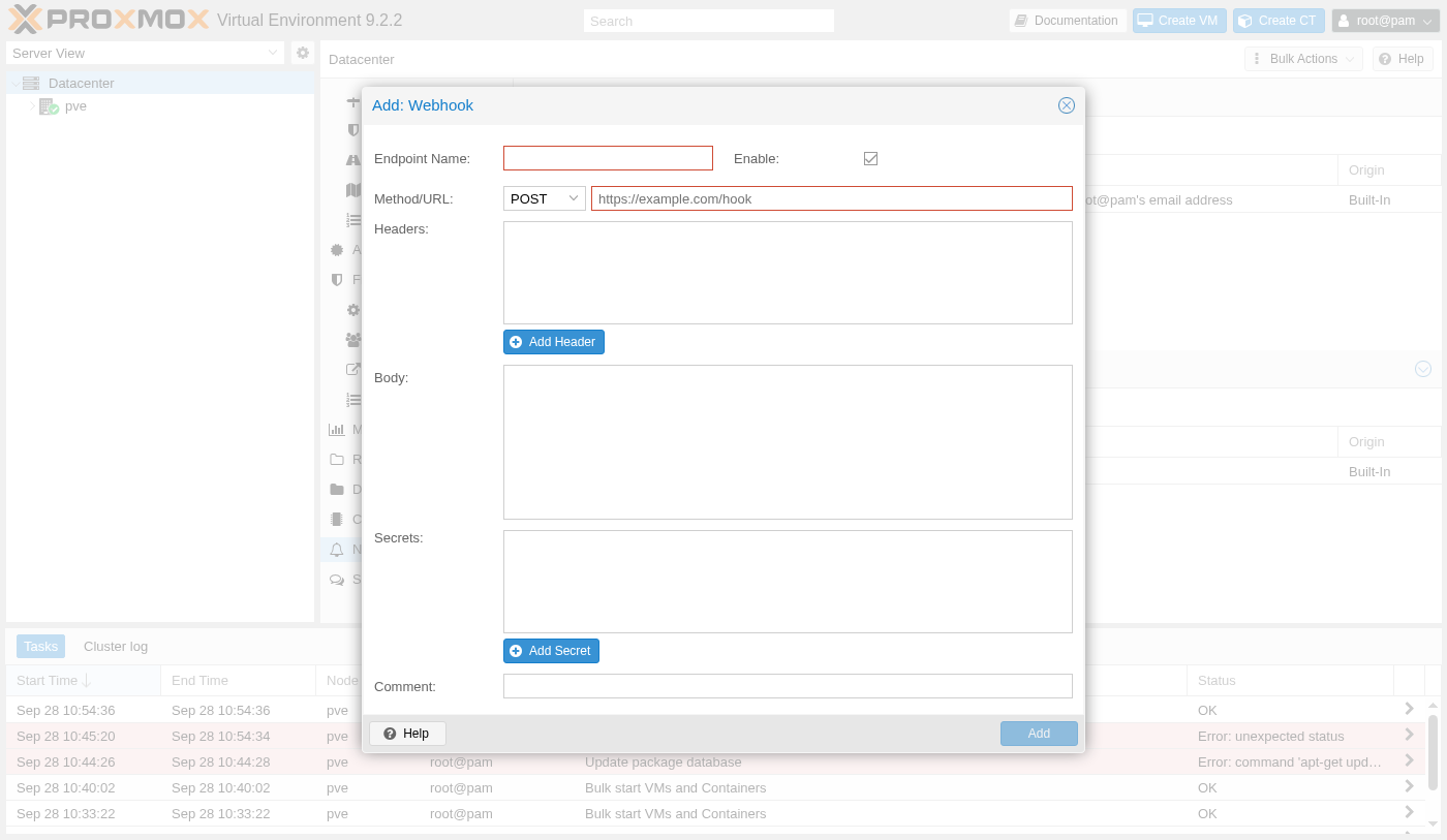 Add Webhook dialog with Endpoint Name, Method set to POST, a URL field, Headers, Body, and a separate Secrets field