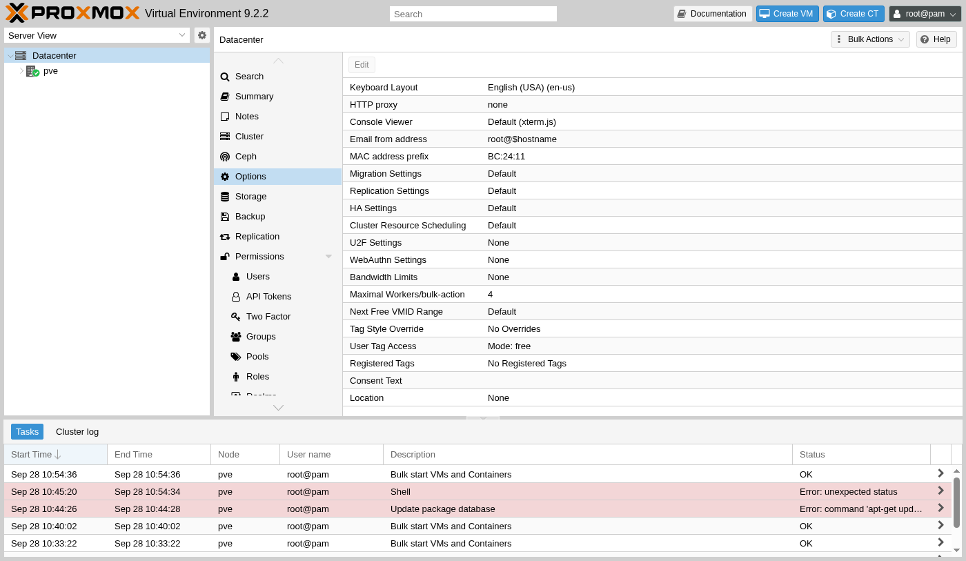 Datacenter Options table listing Keyboard Layout, HTTP proxy, Console Viewer, Email from address, and MAC address prefix among other settings