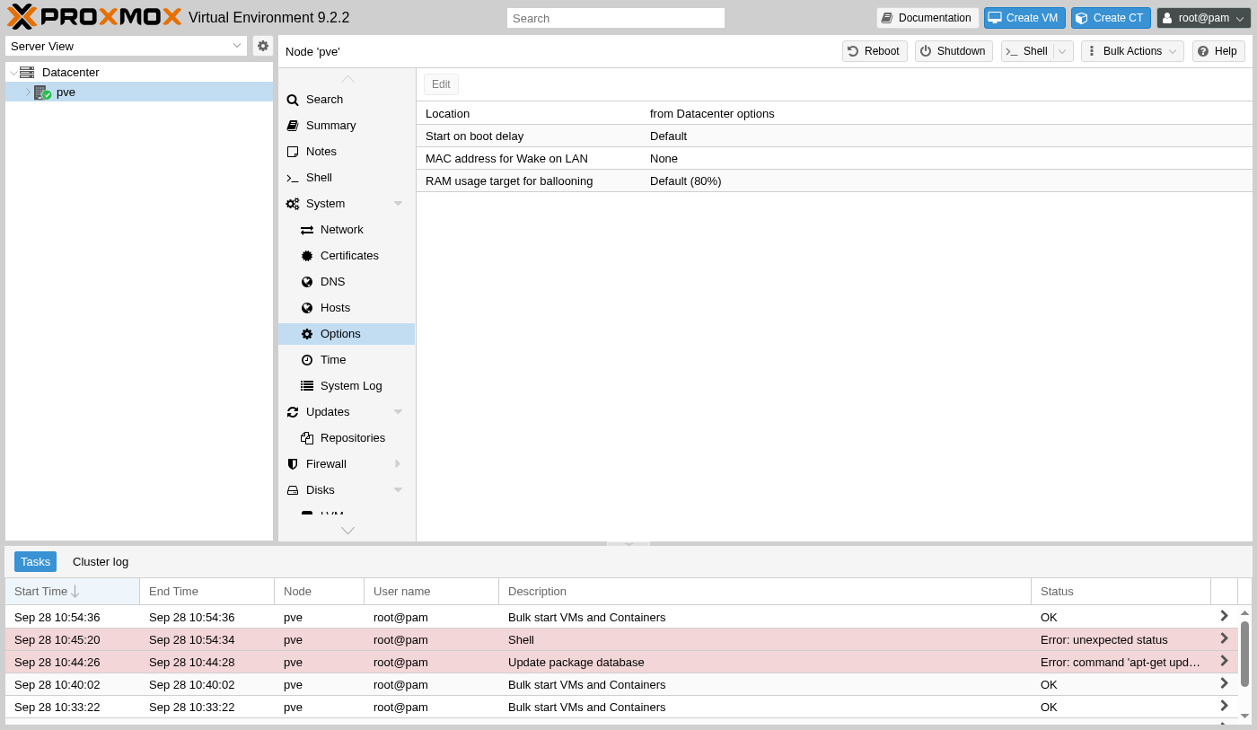 Node Options table showing Location, Start on boot delay, MAC address for Wake on LAN, and RAM usage target for ballooning at the default 80 percent