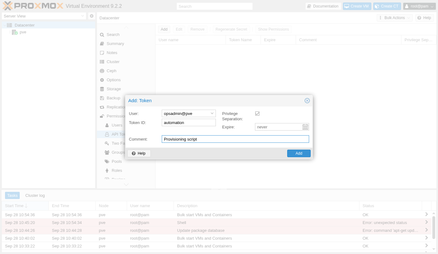 Add Token dialog with User set to opsadmin@pve, Token ID automation, Privilege Separation checked, Expire set to never, and a comment