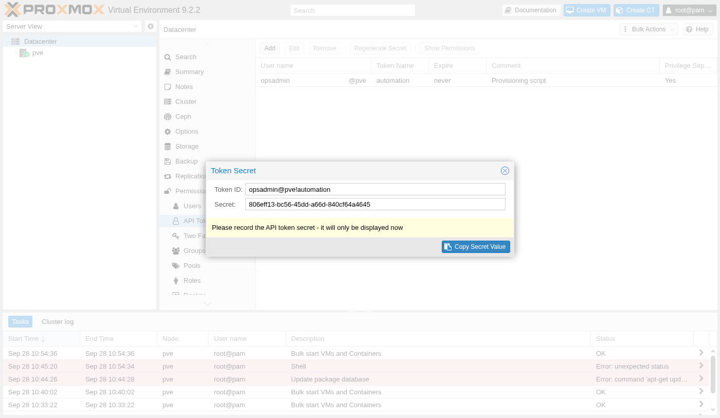 Token Secret dialog showing the Token ID opsadmin@pve!automation and a randomly generated secret value, with a warning that it will only be displayed now