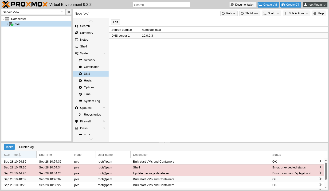 DNS settings showing Search domain homelab.local and DNS server 1 at 10.0.2.3