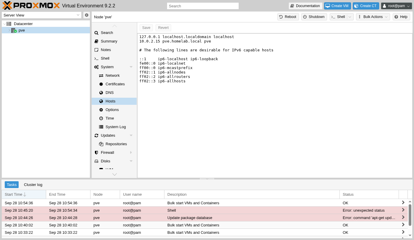 Hosts file editor showing 10.0.2.15 pve.homelab.local pve alongside the standard localhost and IPv6 entries