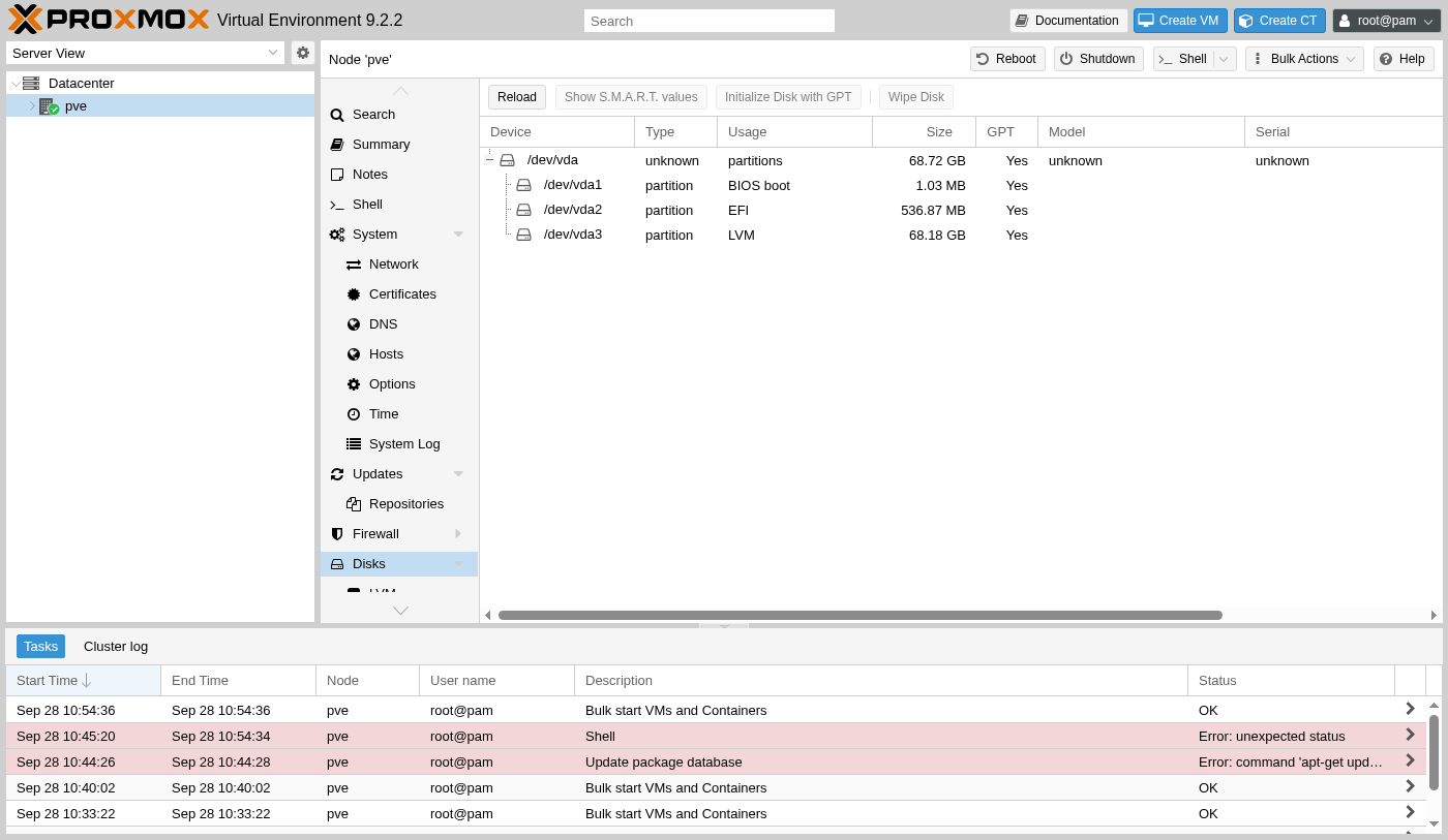 Disks list showing device /dev/vda with Model and Serial both reading unknown, since it is a virtual disk