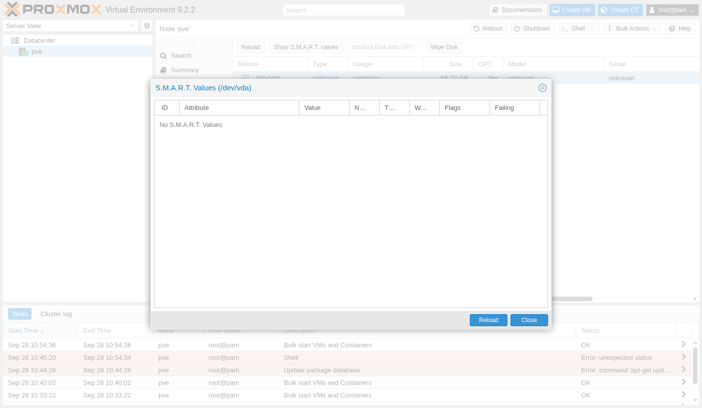 S.M.A.R.T. Values dialog for /dev/vda showing No S.M.A.R.T. Values