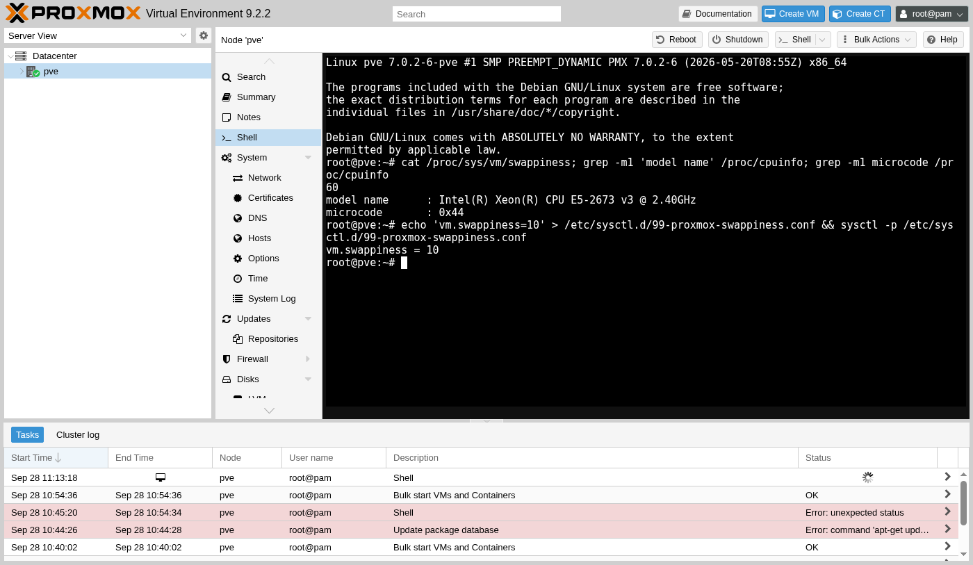 Proxmox shell showing swappiness at 60, the CPU model as Intel Xeon E5-2673 v3, and the loaded microcode version 0x44