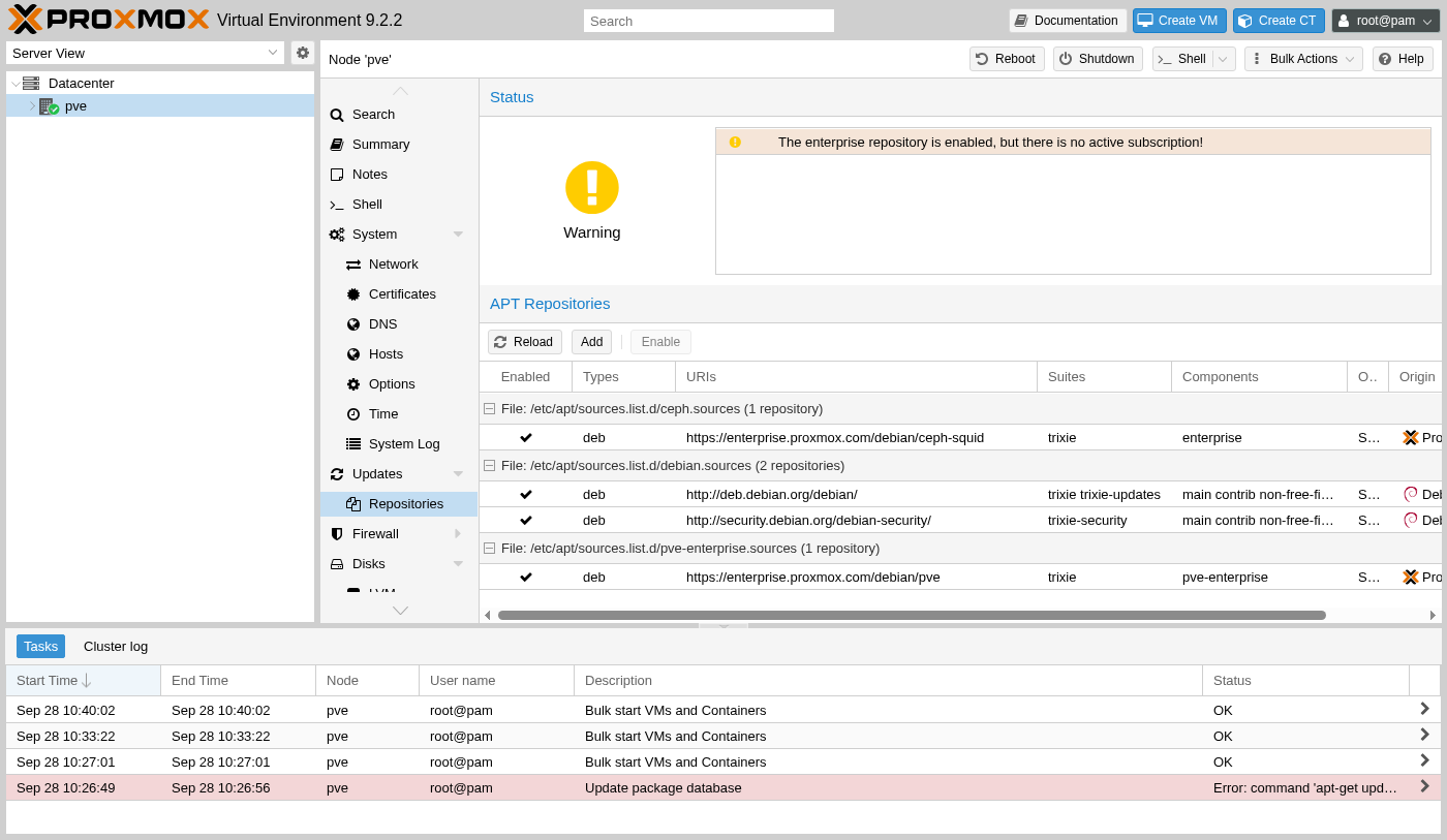 Proxmox node status showing The enterprise repository is enabled, but there is no active subscription, above a list of APT repositories including pve-enterprise
