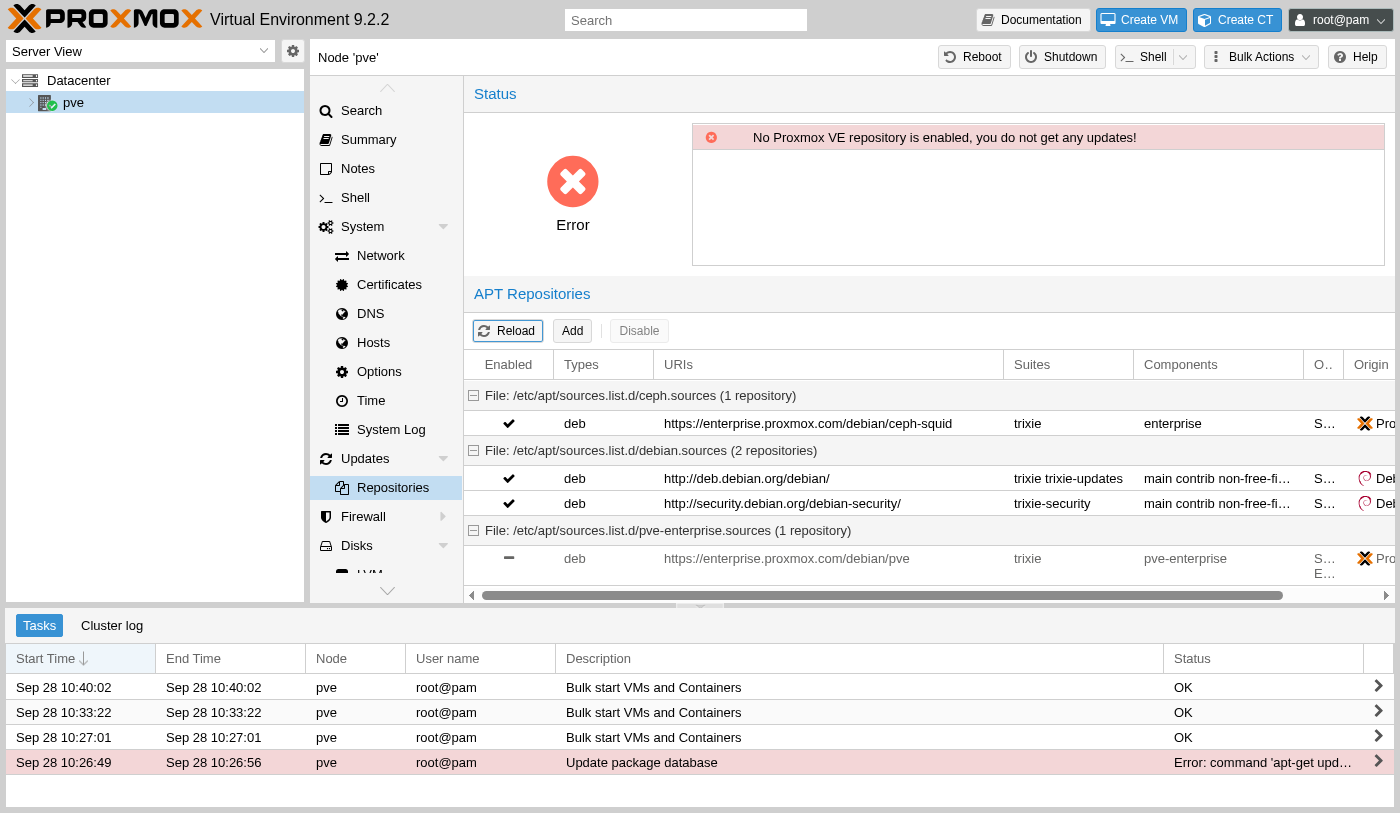 Proxmox node status showing No Proxmox VE repository is enabled, you do not get any updates, right after disabling the enterprise repository