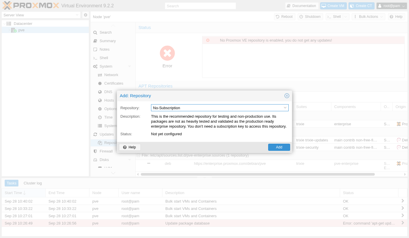 Add Repository dialog with No-Subscription selected, description reading it is the recommended repository for testing and non-production use and doesn't need a subscription key