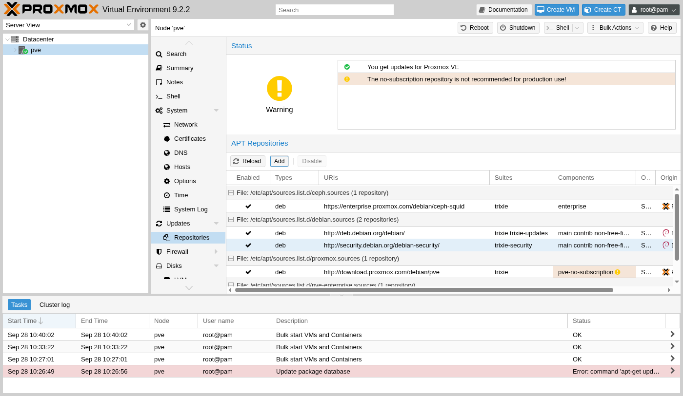 Proxmox node status showing You get updates for Proxmox VE in green, and The no-subscription repository is not recommended for production use in amber