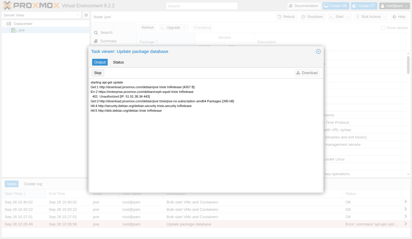 Task viewer showing apt-get update output: Get requests succeeding for the pve and no-subscription repositories, an Err 401 Unauthorized for the ceph-squid enterprise repository, and Hit results for Debian repositories
