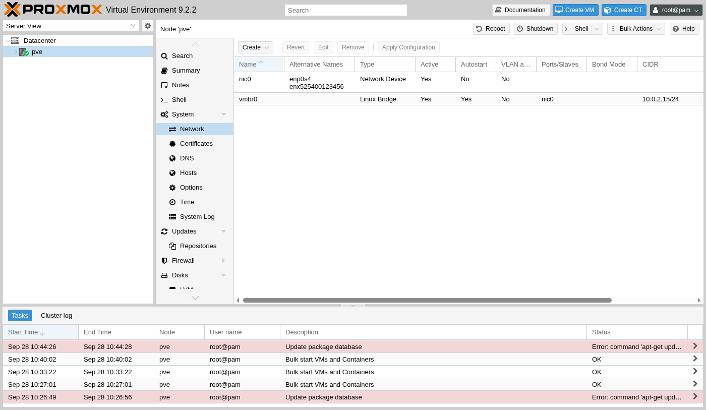 Proxmox network configuration listing nic0 as a Network Device and vmbr0 as a Linux Bridge with nic0 as its port, active and set to autostart, with CIDR 10.0.2.15/24