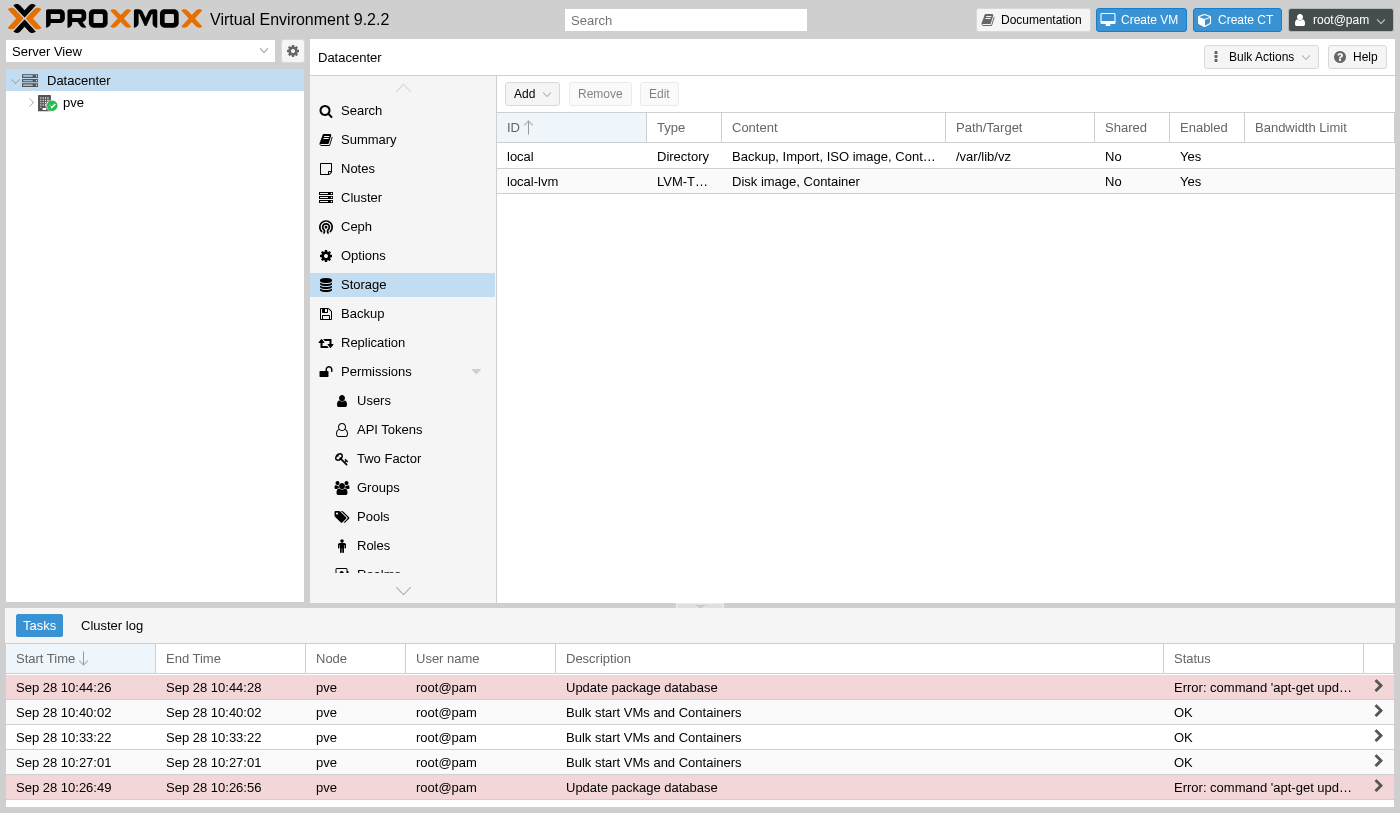 Proxmox Datacenter Storage list showing local as a Directory storing Backup, Import, and ISO image content, and local-lvm as LVM-Thin storing Disk image and Container content