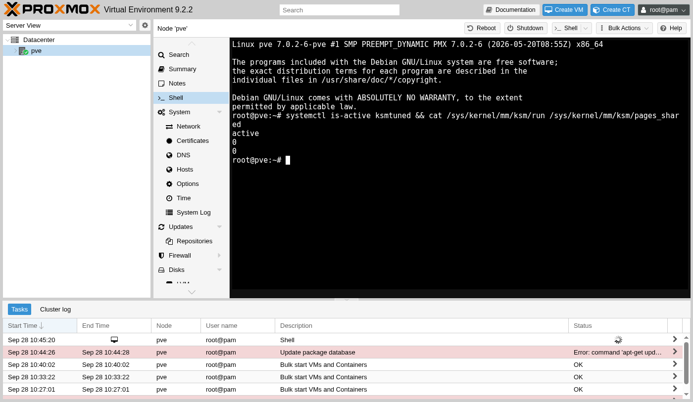 Proxmox web shell output showing systemctl is-active ksmtuned returning active, and /sys/kernel/mm/ksm/run and pages_shared both reading 0