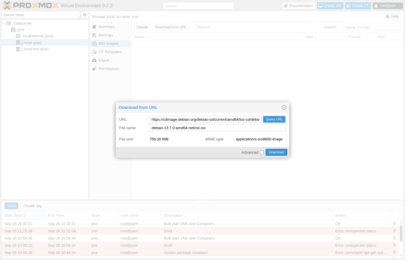 Boîte de dialogue « Télécharger depuis l'URL » avec l'URL déjà renseignée, le nom de fichier défini sur « debian-13.7.0-amd64-netinst.iso », la taille du fichier de 756,00 Mio et le type MIME « application/x-iso9660-image »