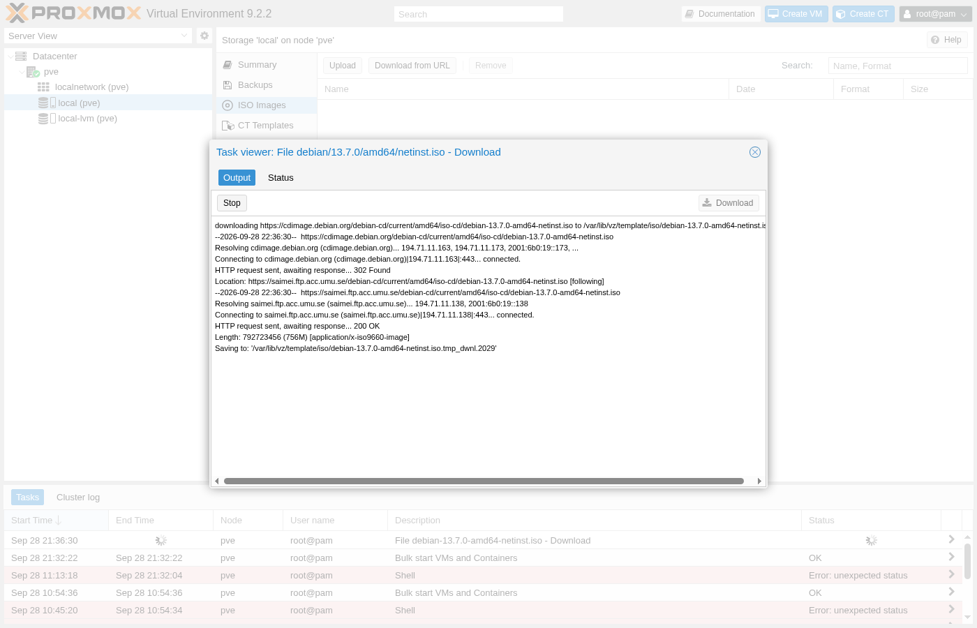 Affichage des tâches pour le téléchargement de l'image ISO, avec une sortie de type wget : une redirection 302 depuis cdimage.debian.org vers un miroir saimei.ftp.acc.umu.se, puis une réponse 200 OK et une longueur de 792723456