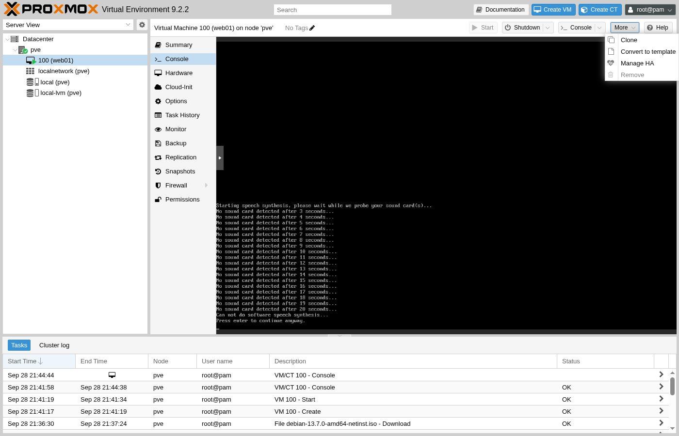 Menu d'installation de Debian GNU/Linux en mode BIOS, l'option d'installation graphique étant mise en évidence, avec le texte « Appuyez sur une touche, sinon la synthèse vocale démarrera dans 27 secondes »