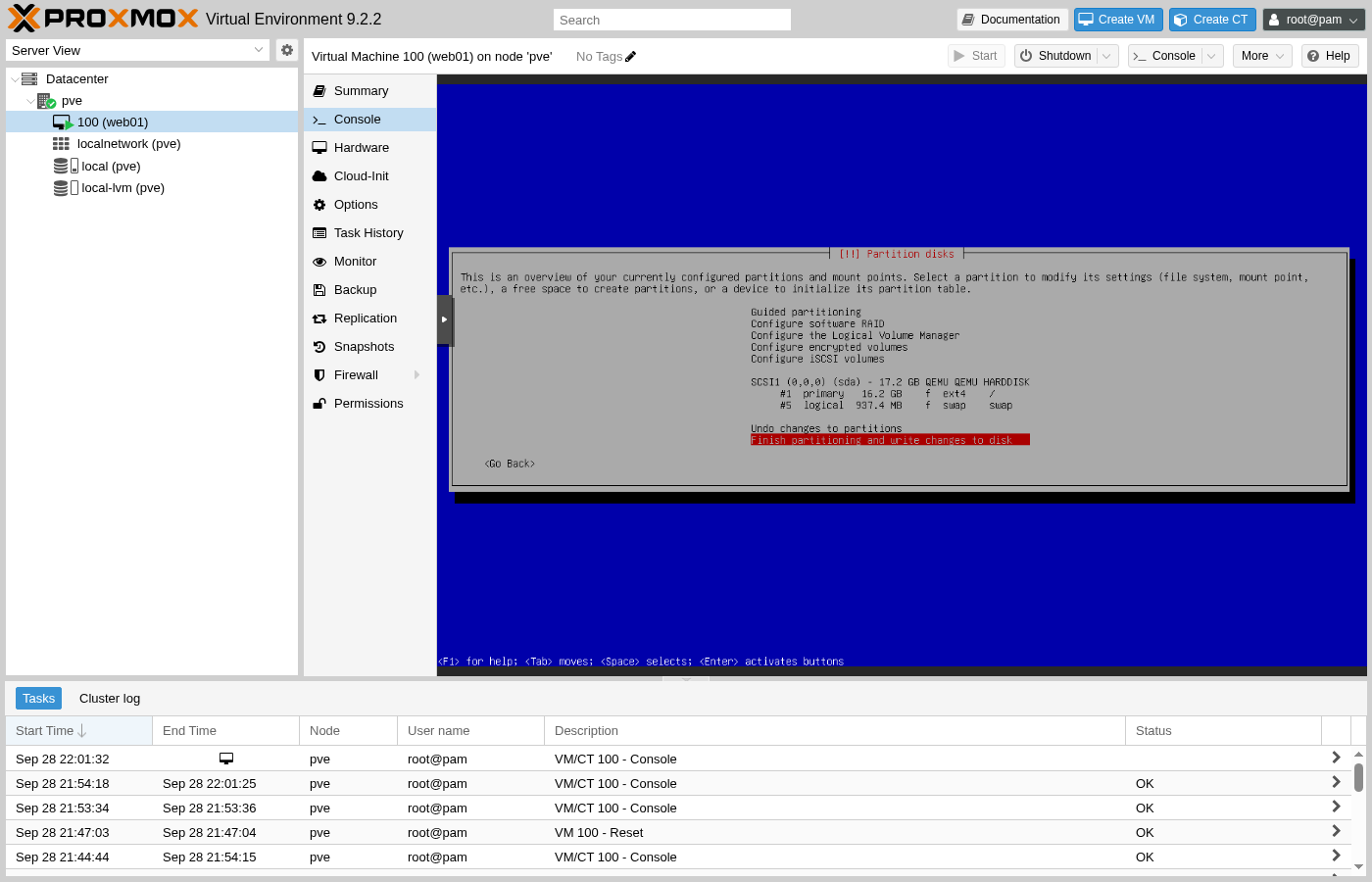 Aperçu des partitions de l'installateur Debian : SCSI1 (0,0,0) sda 17,2 Go ; partition 1 (primaire) de 16,2 Go en ext4 montée au niveau de la racine ; partition 5 (logique) de 937,4 Mo en swap ; l'option « Terminer le partitionnement et enregistrer les modifications sur le disque » est mise en surbrillance.