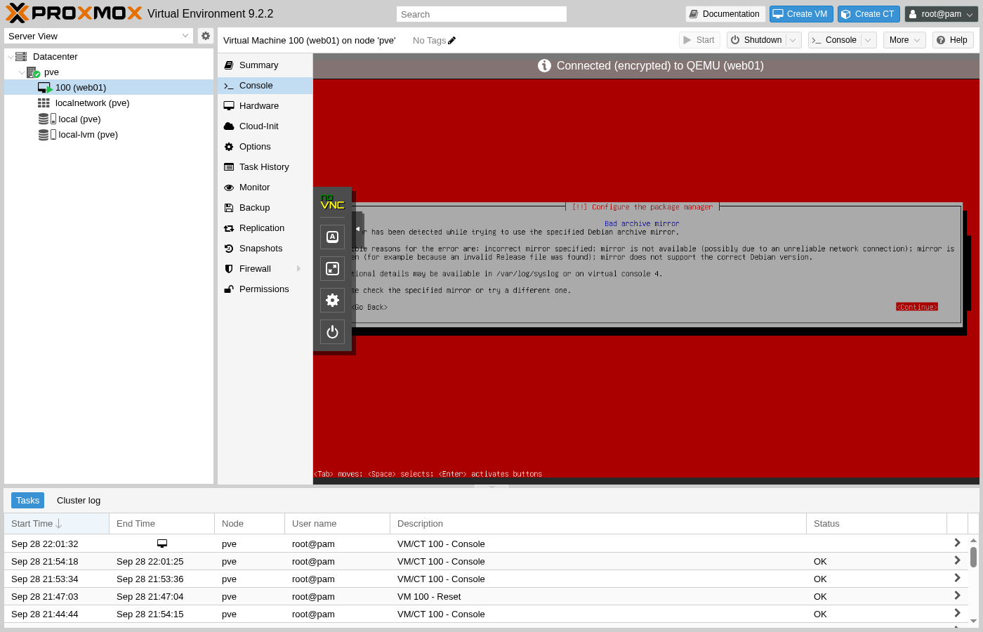 Écran d'erreur du programme d'installation de Debian indiquant « Miroir d'archives incorrect » : une erreur a été détectée lors de la tentative d'utilisation du miroir d'archives Debian spécifié ; l'écran énumère les causes possibles, notamment une connexion réseau instable.