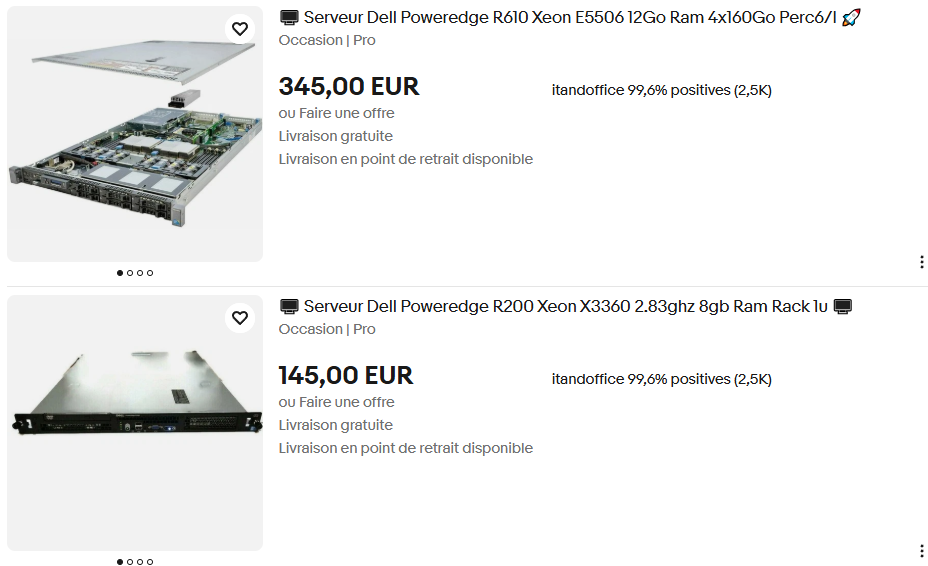 Zwei eBay-Angebote eines Pro-Verkäufers mit einer positiven Bewertungsquote von 99,6 Prozent: ein Dell PowerEdge R610 mit einer Xeon E5506-CPU und 12 GB RAM für 345 Euro sowie ein Dell PowerEdge R200 mit einer Xeon X3360-CPU und 8 GB RAM für 145 Euro, beide versandkostenfrei